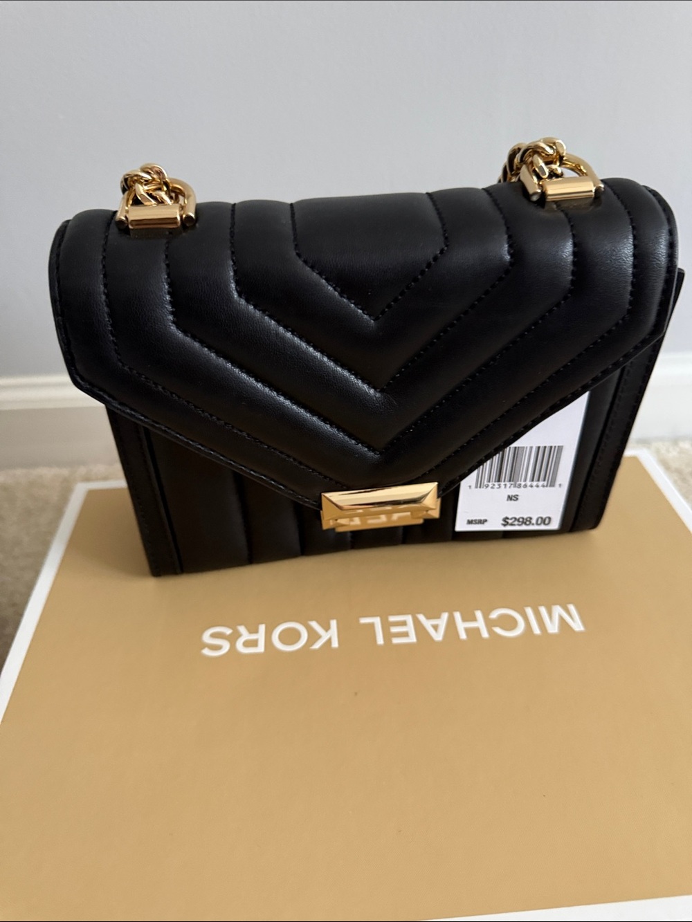 Michael Kors Black Quilted Leather Crossbody with Gold Chain